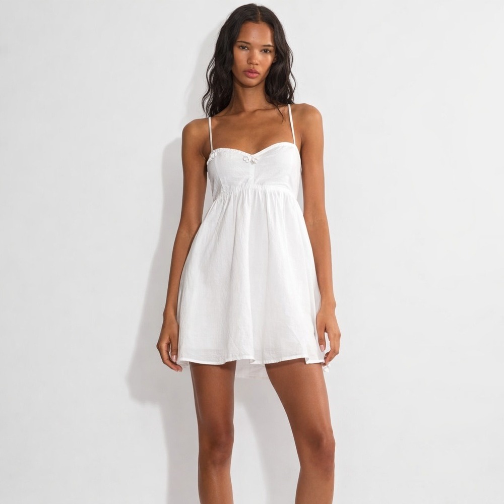 Sunday Best Dress Womens L White Mini Babydoll Cotton Bow Detail Smocked Back